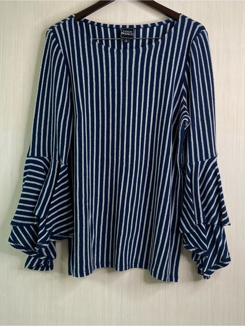 Coco Bianco Women’s Navy & White Striped Ruffle Bell Sleeve Blouse XL